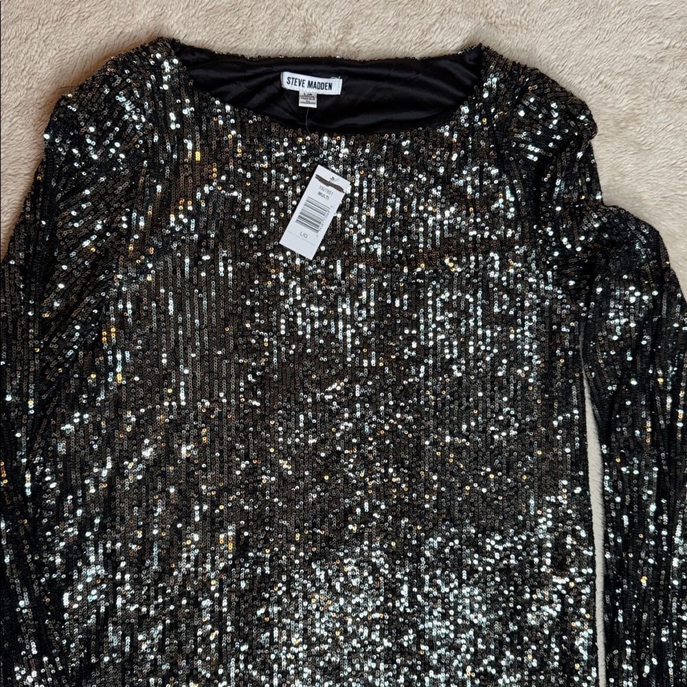 NWT Steve Madden Glittering Black Silver Sequin Shiny Long Sleeve Dress sz L - Picture 4 of 10